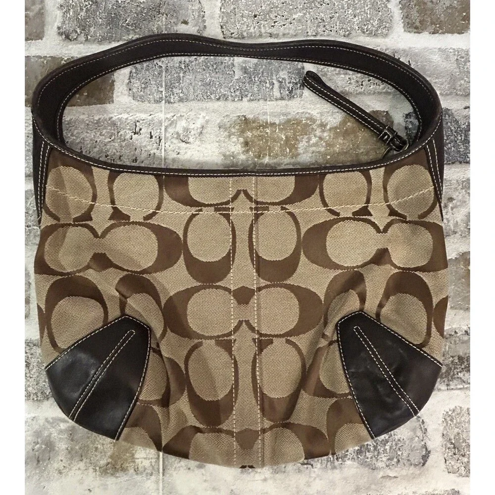 Vintage Coach Signature Ergo Hobo Shoulder Bag Brown Jacquard Canvas & Leather